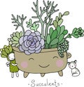 Cartoon cute succulents in pot.