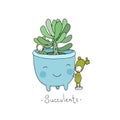 Cartoon cute succulents in pot.