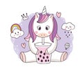 Cartoon cute sweet unicorn drink bubble tea vector.