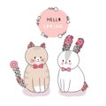 Cartoon cute spring, Cat and rabbit and fower vector.