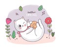 Cartoon cute spring, Cat and snail and flower vector.