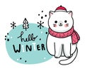 Cartoon cute winter, Adorable white cat in winter vector.
