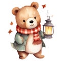 Cute Teddy Bear Holding Lantern Merry Christmas Watercolor Clipart Illustration AI Generative Royalty Free Stock Photo