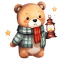 Cute Teddy Bear Holding Lantern Merry Christmas Watercolor Clipart Illustration AI Generative Royalty Free Stock Photo