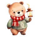 Cute Teddy Bear Holding Lantern Merry Christmas Watercolor Clipart Illustration AI Generative Royalty Free Stock Photo