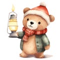 Cute Teddy Bear Holding Lantern Merry Christmas Watercolor Clipart Illustration AI Generative Royalty Free Stock Photo