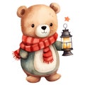 Cute Teddy Bear Holding Lantern Merry Christmas Watercolor Clipart Illustration AI Generative Royalty Free Stock Photo