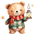 Cute Teddy Bear Holding Lantern Merry Christmas Watercolor Clipart Illustration AI Generative Royalty Free Stock Photo