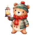 Cute Teddy Bear Holding Lantern Merry Christmas Watercolor Clipart Illustration AI Generative Royalty Free Stock Photo