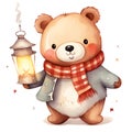 Cute Teddy Bear Holding Lantern Merry Christmas Watercolor Clipart Illustration AI Generative Royalty Free Stock Photo