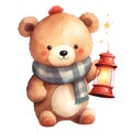 Cute Teddy Bear Holding Lantern Merry Christmas Watercolor Clipart Illustration AI Generative Royalty Free Stock Photo