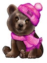 Cartoon cute teddy bear in knitted sweater and hat hand-painted watercolor New Year\'s illustration Royalty Free Stock Photo