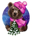 Cartoon cute teddy bear in knitted sweater and hat hand-painted watercolor New Year\'s Royalty Free Stock Photo