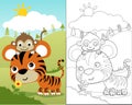 Cartoon of cute tiger with monkey smelling flower in forest