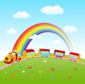Cartoon cute train on a hill with rainbow Royalty Free Stock Photo