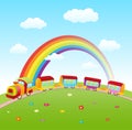 Cartoon cute train on a hill with rainbow