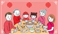 Cartoon cute Translation Happy chinese new year 2020. Chinese family eating .