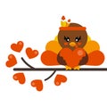 Cartoon cute turkey girl with heart on the lovely branch