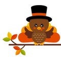 cartoon cute turkey in hat vector on a branch