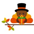 Cartoon cute turkey in hat vector with gift on a branch