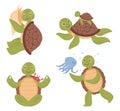 Cartoon cute turtle in different positions. Funny character listening to seashell, doing yoga or meditating
