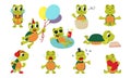 Cartoon cute turtles characters. Turtle funny swimming and move, walking and reading. Tortoise singing, childish classy Royalty Free Stock Photo