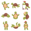 Cartoon cute turtles, funny tortoise characters. Happy little turtle swimming, sleeping or doing yoga, sea aquatics Royalty Free Stock Photo