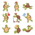 Cartoon cute turtles, funny turtle characters. Happy tortoise in various poses, swimming or doing yoga, friendly aquatic