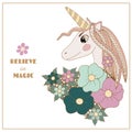 Cartoon cute Unicorn with flower for nursery print and other design Royalty Free Stock Photo