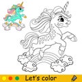 Cartoon cute unicorn with a rainbow and clouds coloring book page Royalty Free Stock Photo