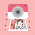 Cartoon cute Valentines day camera and couple kissing in a picture vector.