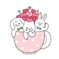 Cartoon cute Valentines day cat and dog and rabbit and many hearts in cup coffee vector.