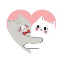 Cartoon cute Valentines day couple cats in shape heart vector.