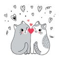 Cartoon cute Valentines day couple cats and heart vector.