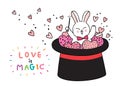 Cartoon cute Valentines day Magician rabbit and big black hat and many hearts vector.