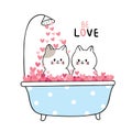 Cartoon cute Valentines day white cats bath in hearts vector. Royalty Free Stock Photo