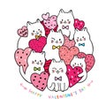 Cartoon cute Valentines day sweet white cats and many pink hearts vector. Royalty Free Stock Photo