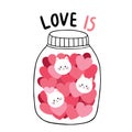 Cartoon cute Valentines day white cats and many hearts in Glass bottle vector.