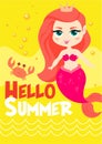 Cartoon cute vector card with little mermaid. Summer poster.