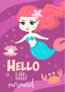 Cartoon cute vector card with little mermaid. Summer poster.