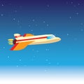 Cartoon cute vector illustration of plane in blue stratosphere, atmosphere, almost in space. Airplane flying in a sky