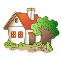 Cartoon cute village home. Country house. Summer cottage. Colorful vector illustration for kids