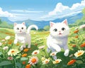 cartoon cute walking with white cats in a flower field.