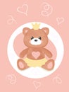 Cartoon cute watercolor teddy bear toy with a crown on a pink background. Vector illustration for a baby shower, baby Royalty Free Stock Photo