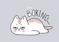 Cartoon cute white cat boring .