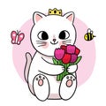 Cartoon cute white cat and flower and butterfly and bee vector. Royalty Free Stock Photo