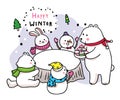 Cartoon cute winter, Bear and rabbit and fox and snowman icecream party vector.