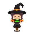 Cartoon cute witch vector with braids in hat and cauldron Royalty Free Stock Photo