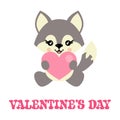 Cartoon cute wolf sitting with heart vector and valentines text