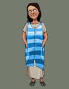 Cartoon cute woman in a long dress modestly stands